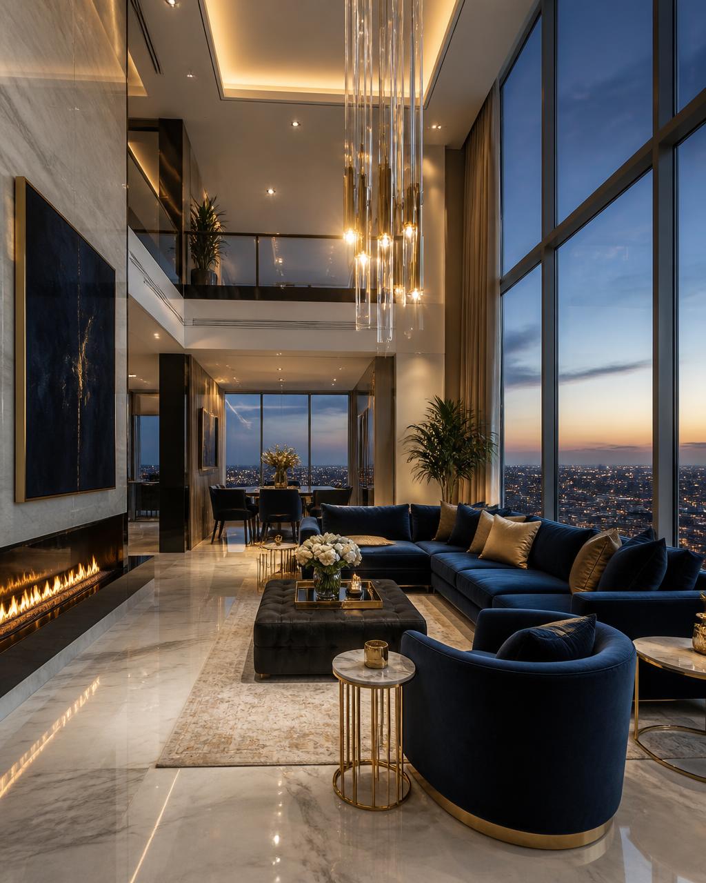 Elegant residential lobby interior with gold detailing